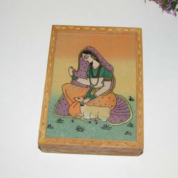 Handmade Boho Trinket Keepsake Jewelry Box Wood & Crushed Gemstones Lined - Picture 2 of 10